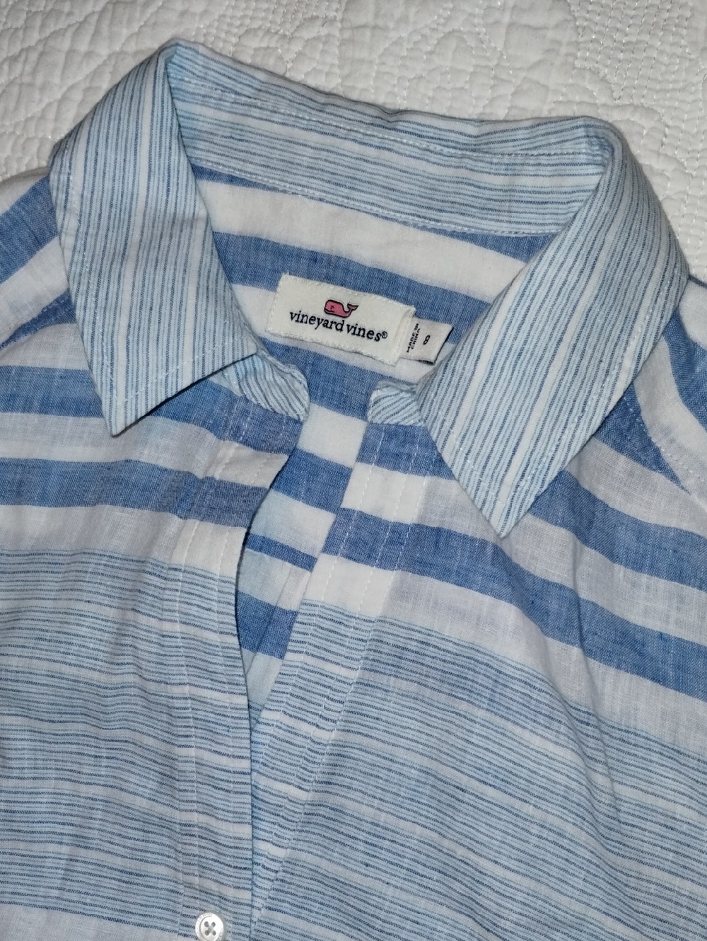 Vineyard Vines Linen Blend Blue & White Striped Button-Up Shirt - Tie Front